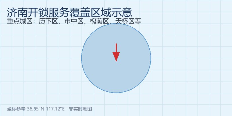 济南开锁服务区域地图示意，覆盖历下区、市中区、槐荫区等重点城区