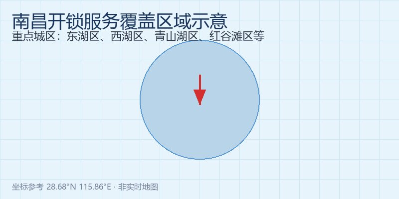 南昌开锁服务区域地图示意，覆盖东湖区、西湖区、青山湖区等重点城区